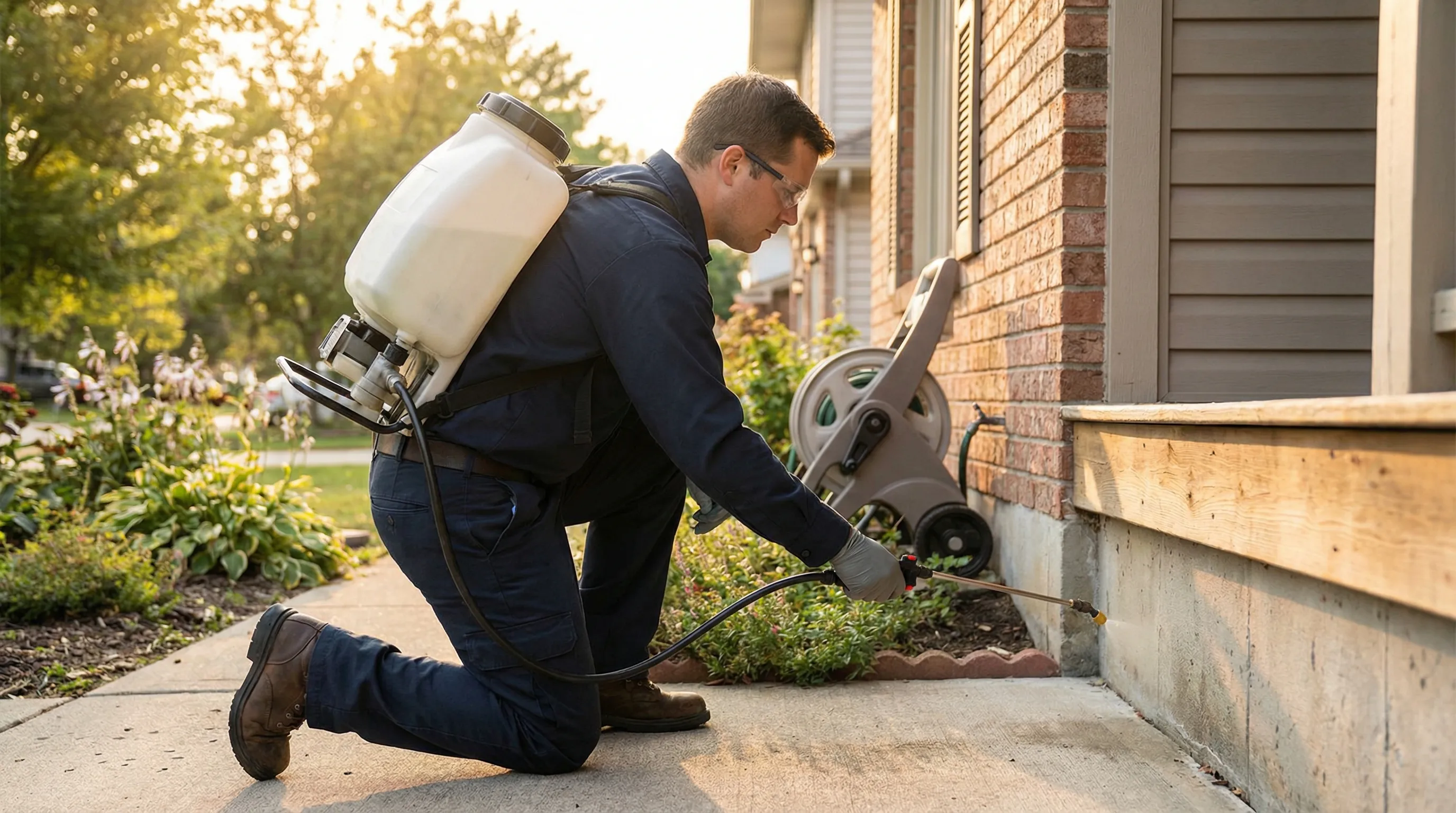 Technician treating home exterior